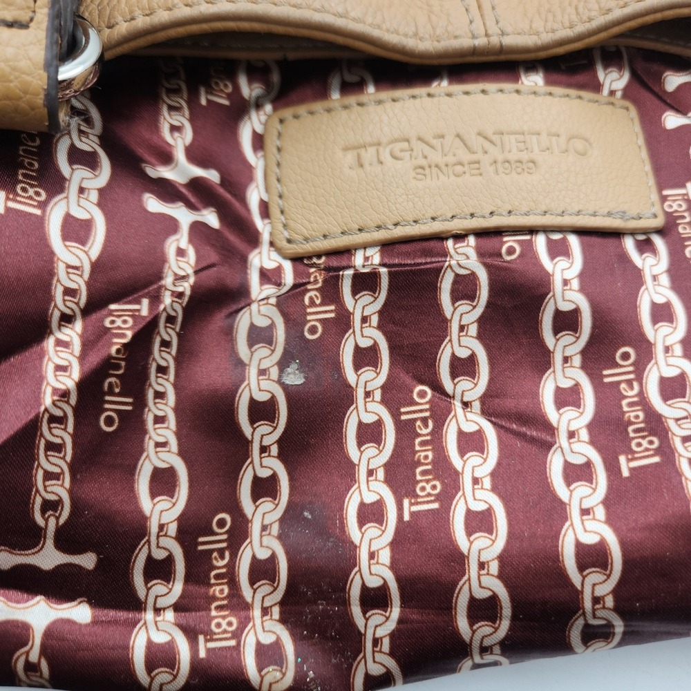 Tignanello Leather Tote Shoulder Bag Tan Brown Multi Pocket Chain Lined - Picture 12 of 16